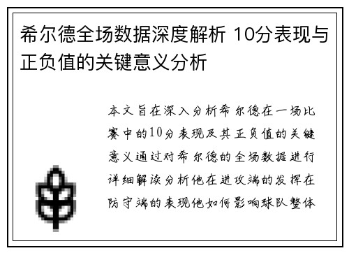 希尔德全场数据深度解析 10分表现与正负值的关键意义分析