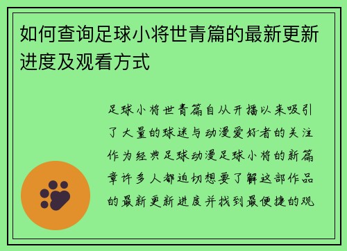 如何查询足球小将世青篇的最新更新进度及观看方式